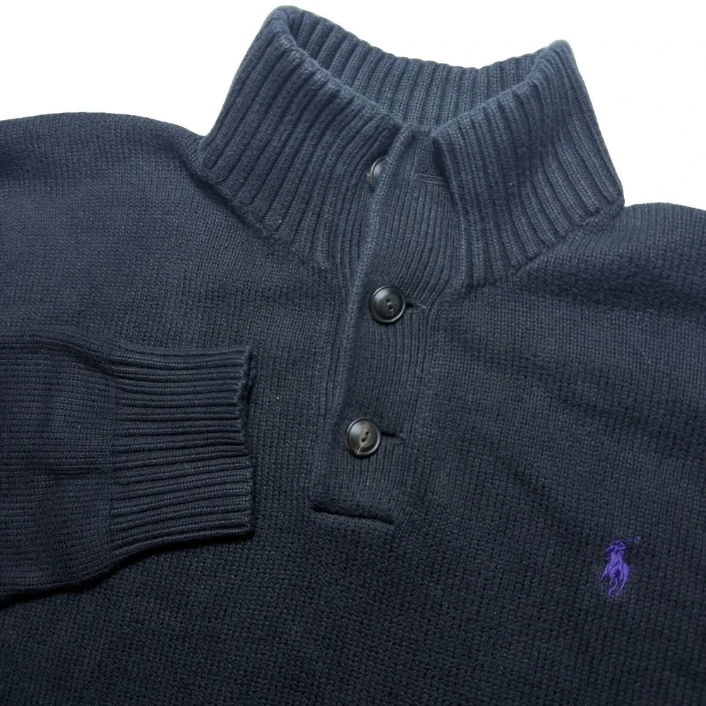 Polo Ralph Lauren Large Knit Sweater Black 1/4 Button Mock Neck Purple Pony
